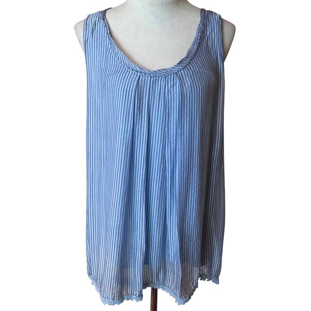 M Made in Italy Silk Striped Sleeveless Crochet Lace Trim Blue Blouse Size Large